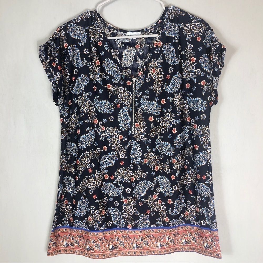 Ava James Blue floral zipper blouse